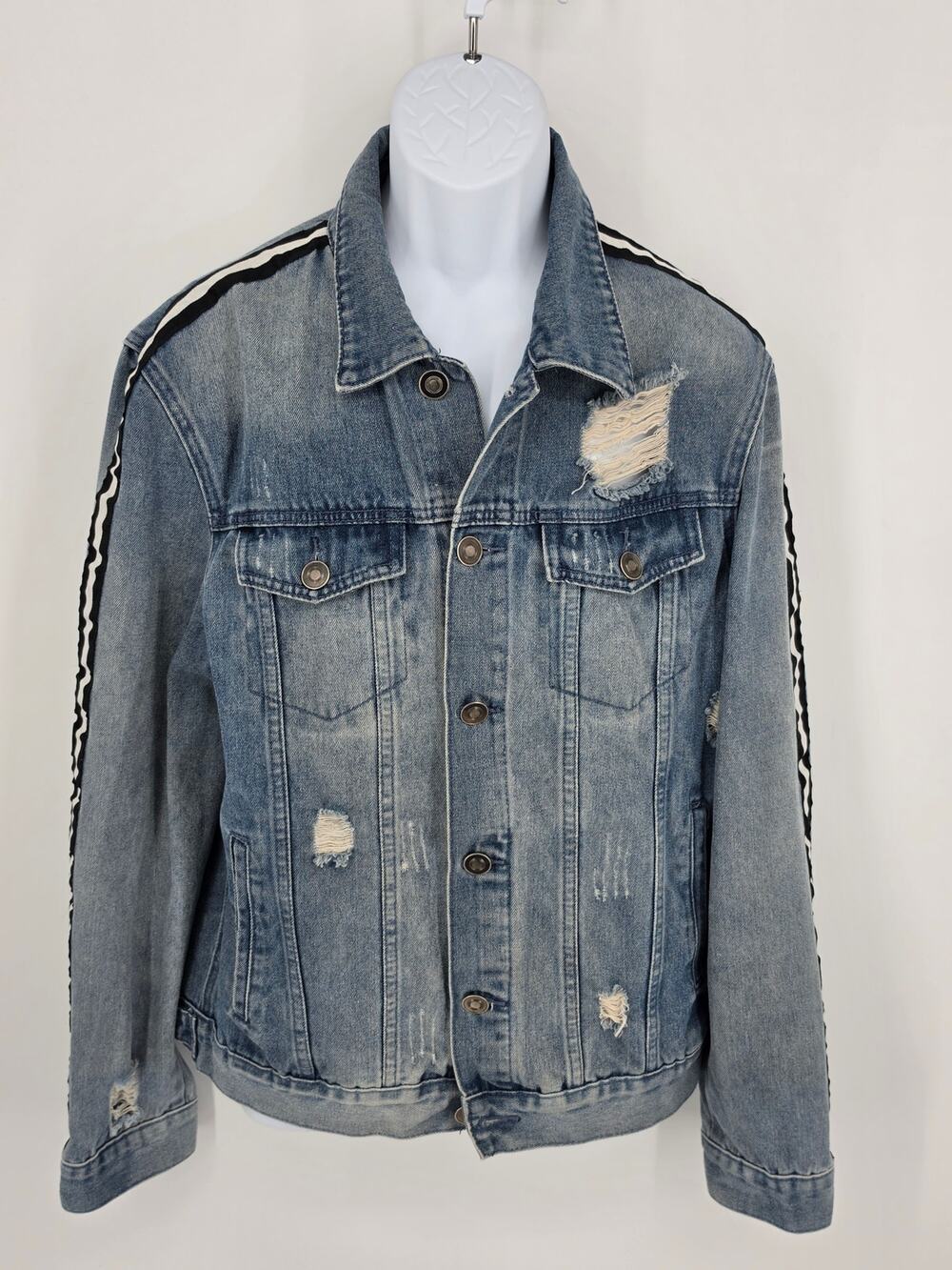 rue21 Distressed Denim Jacket Side Stripe Thrashed Grunge Cyber Streetwear L